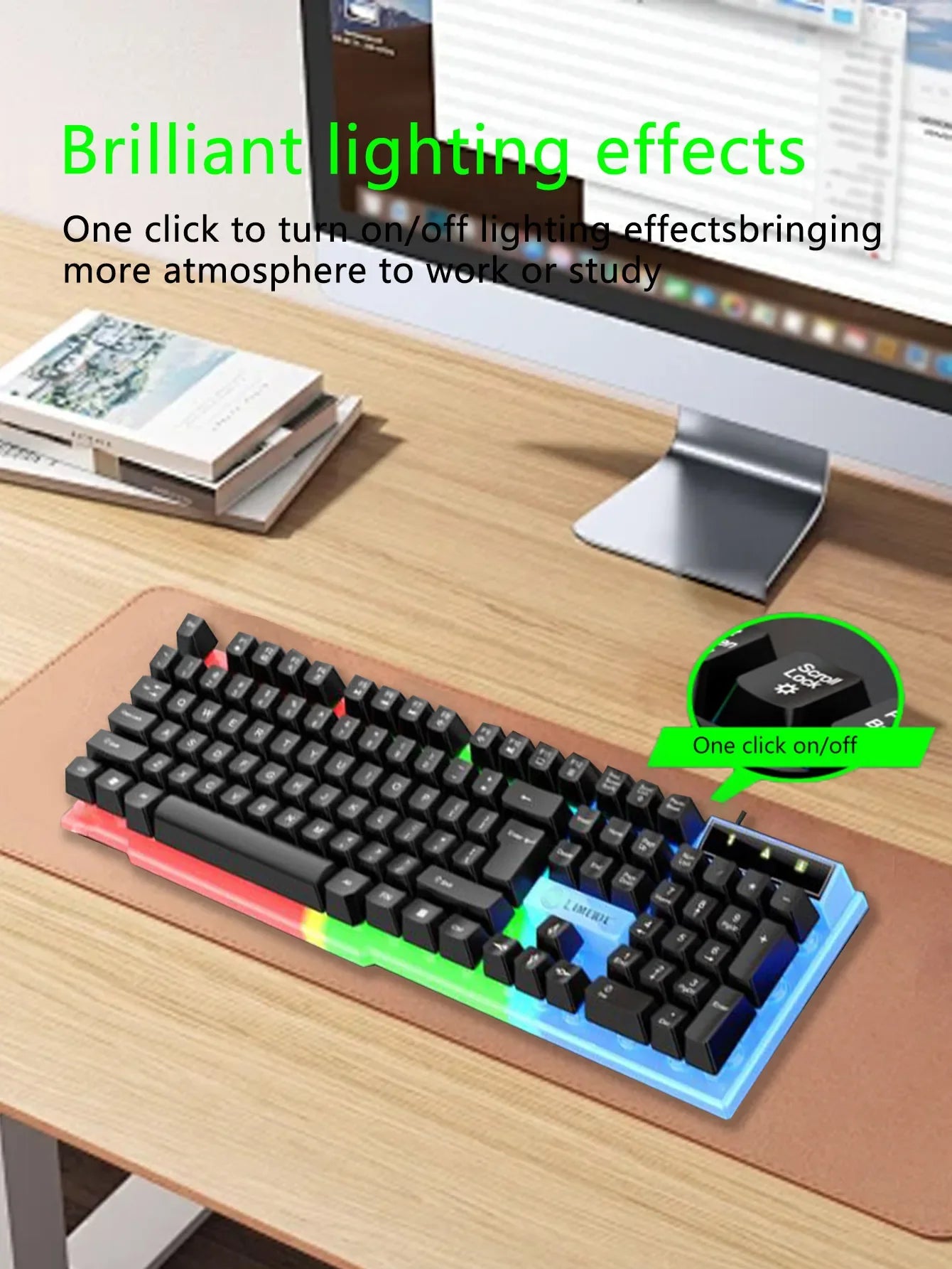 Cool light wired keyboard and mouse set, mechanical feel, floating high key cap, rebound comfort, game mouse set