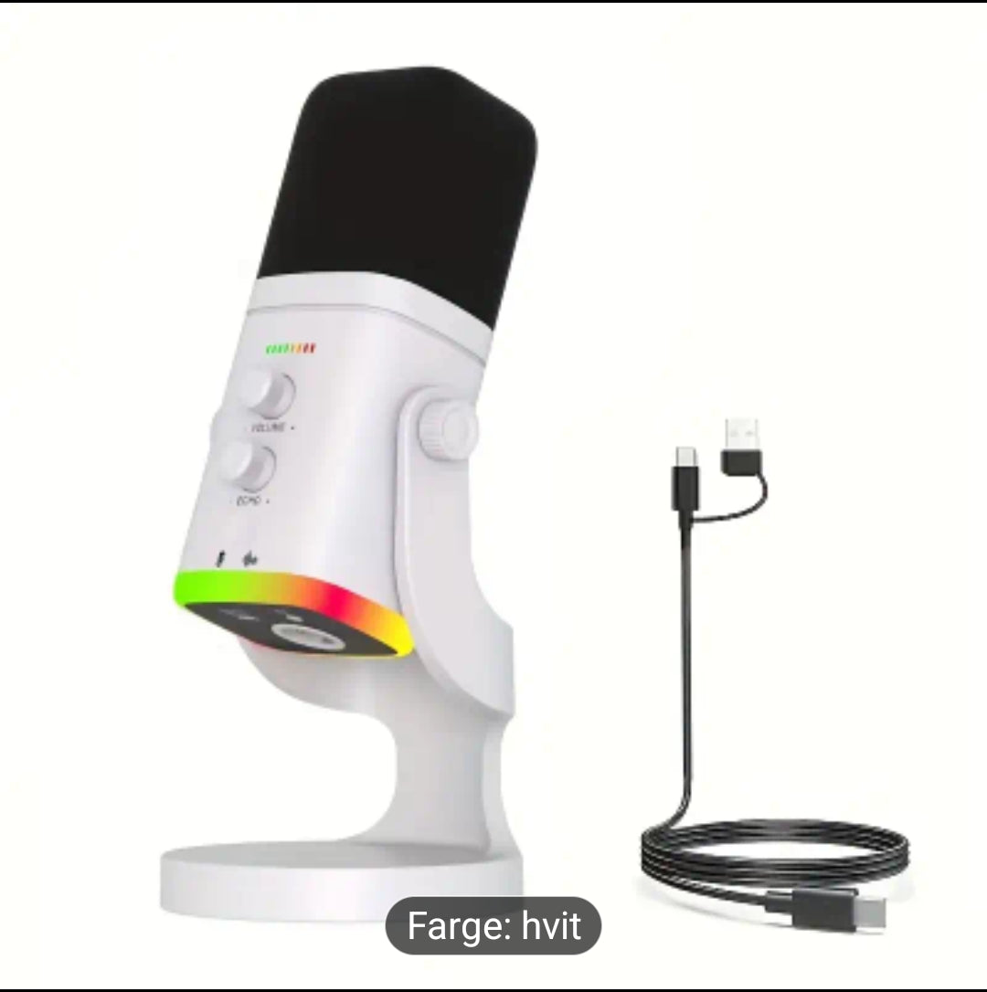 EXLR/USB Dynamisk Mikrofon for Streaming & Gaming, RGB-lys, Dempknapp, Hodetelefonkontakt, Skrivebordsstativ, Ideell PC-mikrofon til YouTube, Sang og Opptak