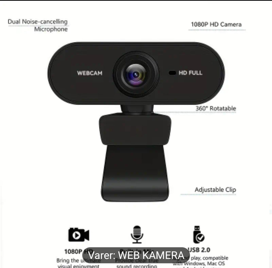 1080P Full HD Webkamera med USB Plug & Play, Roterbar Vidvinkelobjektiv, Autofokus og Eksponeringskontroll, Innebygd Mikrofon, Kompatibel med PC/Mac/Bærbar PC for Videosamtaler, Online Undervisning, Gaming – Kompakt Design til Hjemmekontor og Strømming, W