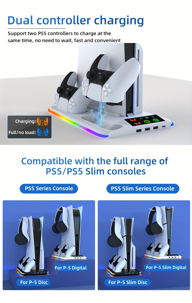 PS5/PS5 Slim Cooling Stand with RGB LED Controller Charger - 3-Level Fan System, Secure Console & Accessory Holder for PlayStation 5 Digital & Disc Editions