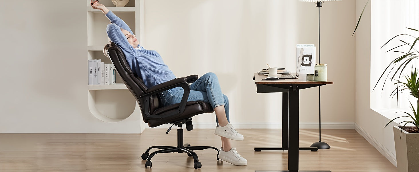 Home Office Chair, Adjustable Swivel Rolling Computer Gaming Chair with Fixed Armrests, Leather Lumbar Support Desk Chair with Wheels