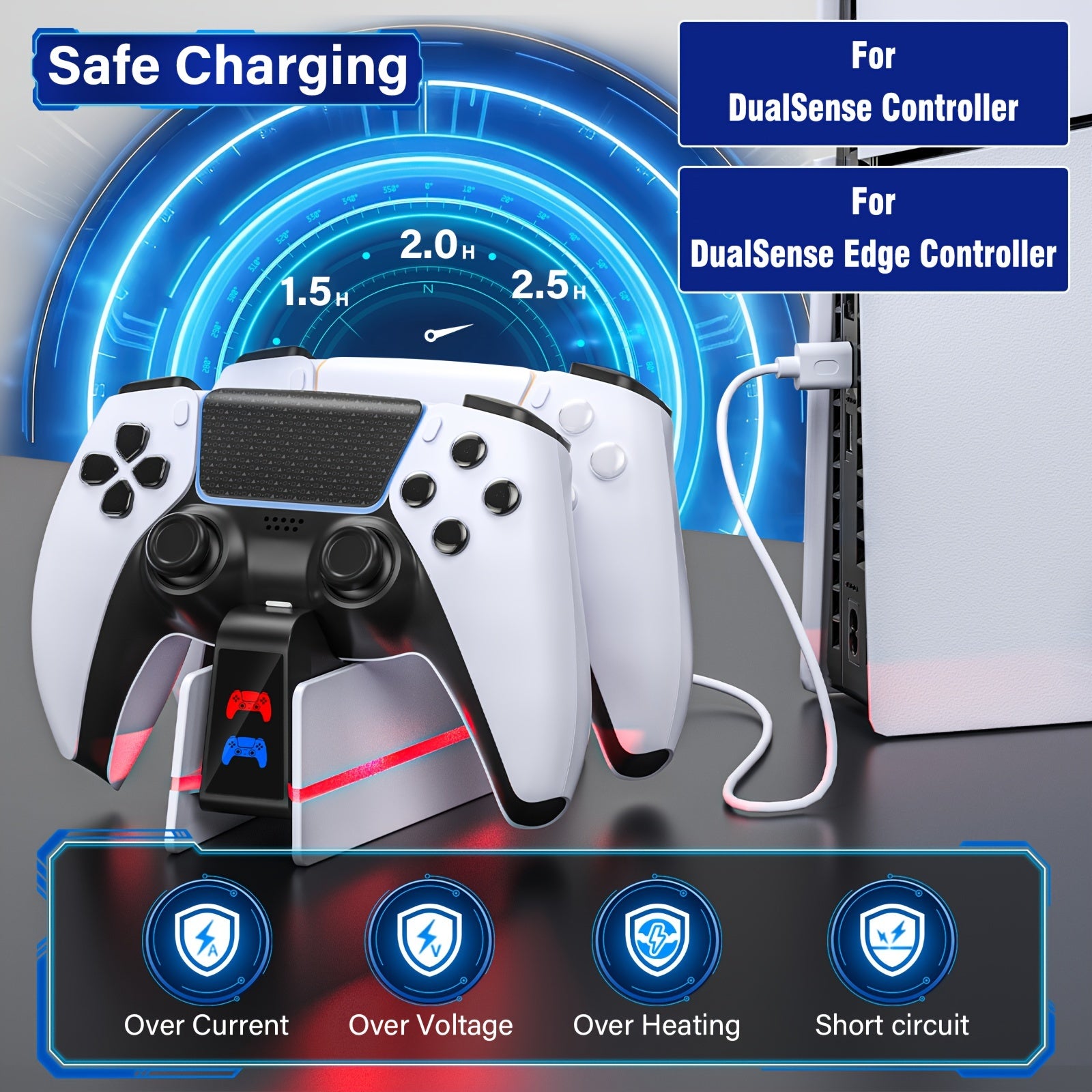 Charger Station For PS5 Dualsense Controller/DualSense Edge Controller, RGB Charging Stand For Playstation 5/ PS5 Slim/ PS5 Pro Controller, Fast Dual Charging For Wireless Controller, Christmas Gift