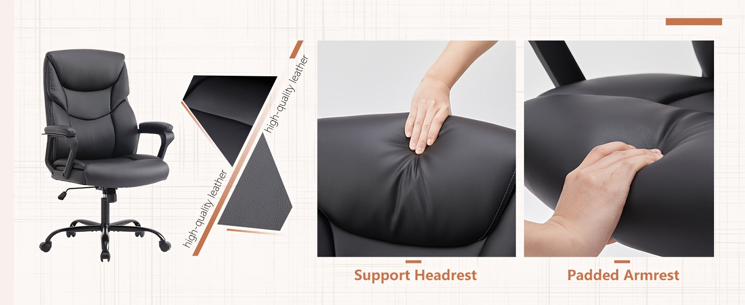 Home Office Chair, Adjustable Swivel Rolling Computer Gaming Chair with Fixed Armrests, Leather Lumbar Support Desk Chair with Wheels