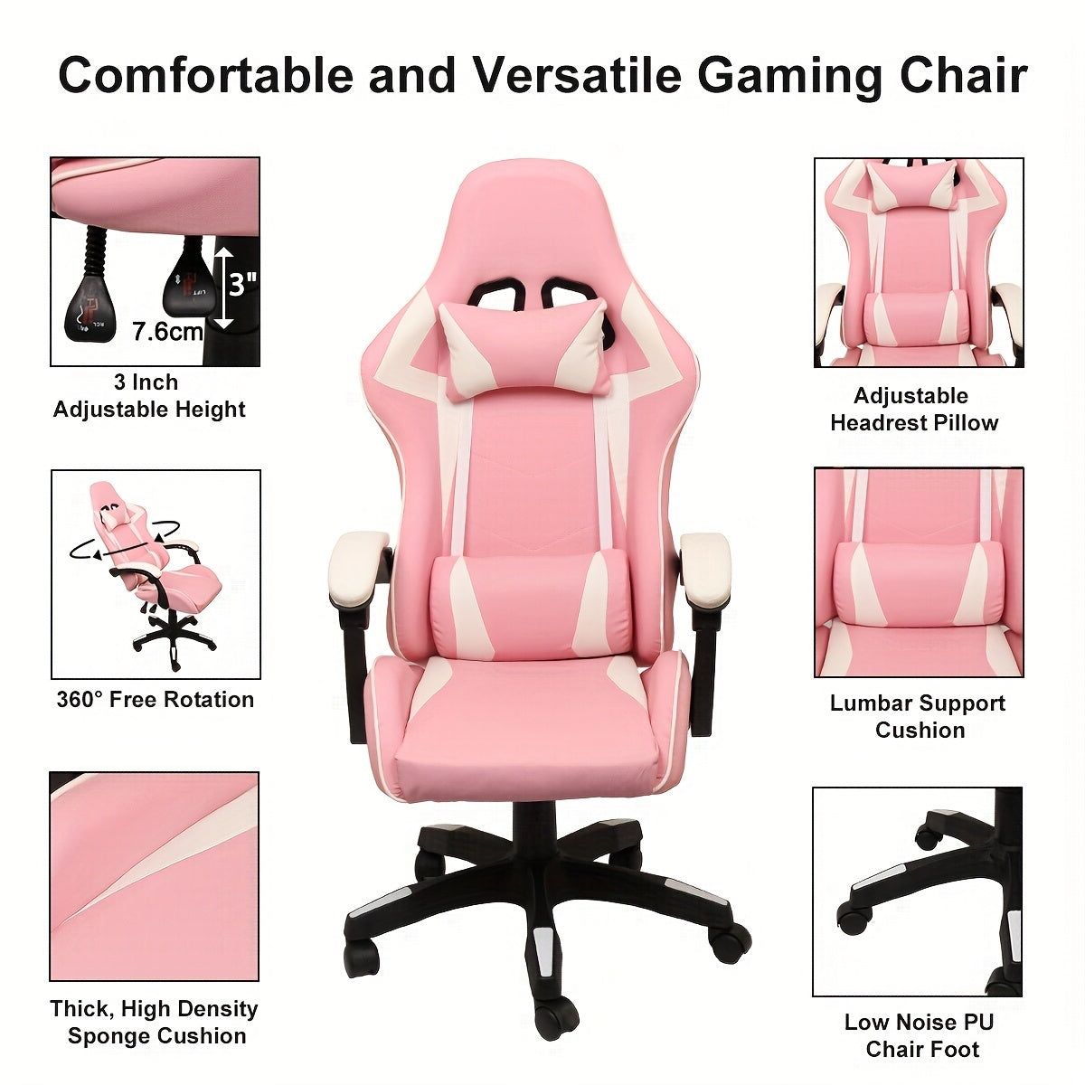 1 pc Ergonomic Racing Gaming Chair - Reclining High Back PU Leather Computer Desk Chair with Adjustable Height, Headrest, Lumbar Support, and Swivel Rolling Function - Ideal for Office and Home Use on Hard Floor, Easy to Clea