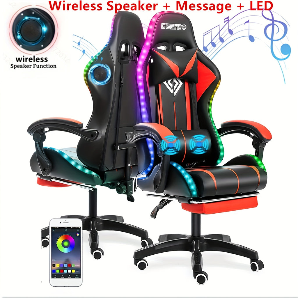 LED Gaming Chair, Big And Tall Video Game Chair With Wireless Speakers And Massage, Reclining High Back Computer Desk Chair With Footrest, For 397lbs