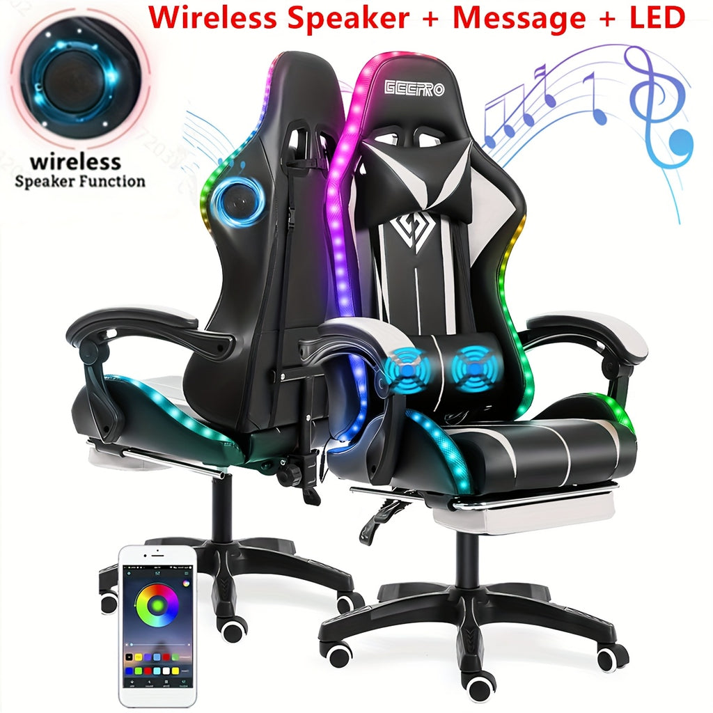 LED Gaming Chair, Big And Tall Video Game Chair With Wireless Speakers And Massage, Reclining High Back Computer Desk Chair With Footrest, For 397lbs