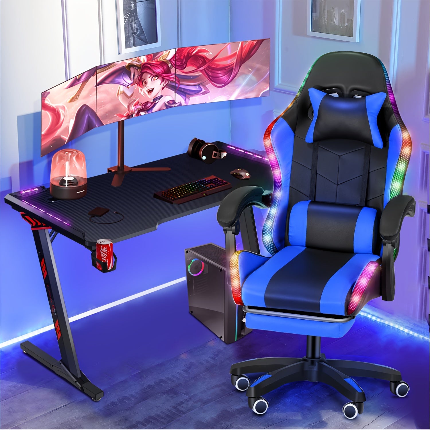 Ergonomic Gaming Chair with RGB Lights, Speakers & Lumbar Support - Adjustable Backrest, 360° Swivel Wheels, Durable Metal Frame - Black