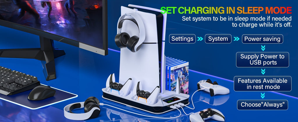 Cooling Base for PS5/PS5 Slim with Handle Charging Function, Suitable for PlayStation 5 Slim and Standard Models of Game Discs/Digitizers, Includes Cooling Fan, 3 USB Hubes, Headphone Hooks, Screws