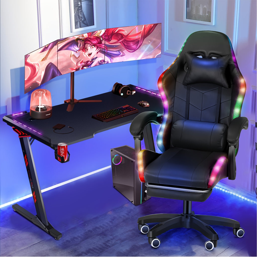 Ergonomic Gaming Chair with RGB Lights, Speakers & Lumbar Support - Adjustable Backrest, 360° Swivel Wheels, Durable Metal Frame - Black