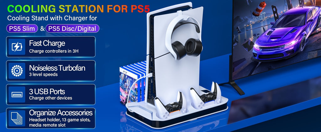 Cooling Base for PS5/PS5 Slim with Handle Charging Function, Suitable for PlayStation 5 Slim and Standard Models of Game Discs/Digitizers, Includes Cooling Fan, 3 USB Hubes, Headphone Hooks, Screws