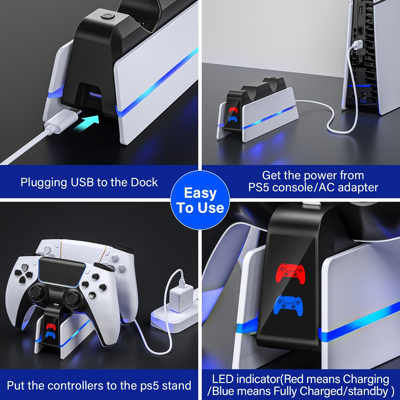 Charger Station For PS5 Dualsense Controller/DualSense Edge Controller, RGB Charging Stand For Playstation 5/ PS5 Slim/ PS5 Pro Controller, Fast Dual Charging For Wireless Controller, Christmas Gift