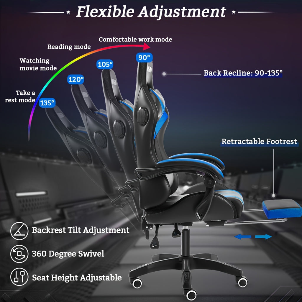 LED Gaming Chair, Big And Tall Video Game Chair With Wireless Speakers And Massage, Reclining High Back Computer Desk Chair With Footrest, For 397lbs
