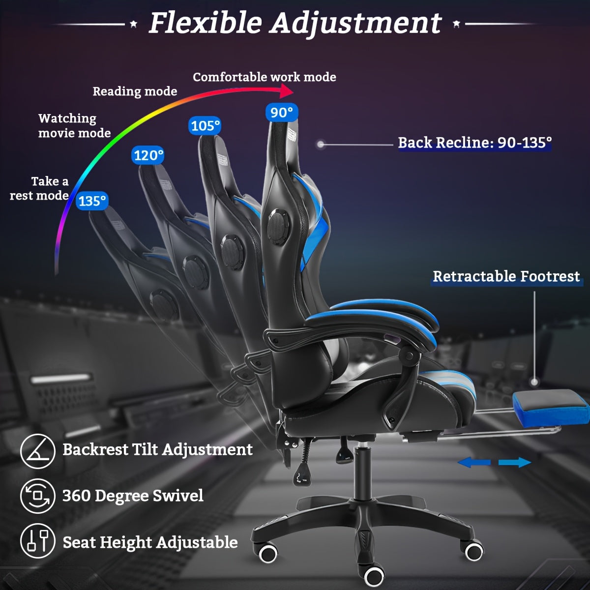 LED Gaming Chair, Big And Tall Video Game Chair With Wireless Speakers And Massage, Reclining High Back Computer Desk Chair With Footrest, For 397lbs