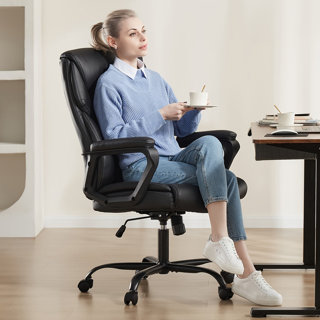 Home Office Chair, Adjustable Swivel Rolling Computer Gaming Chair with Fixed Armrests, Leather Lumbar Support Desk Chair with Wheels