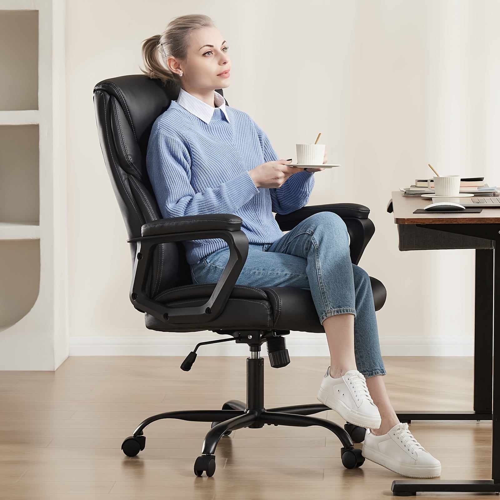 Home Office Chair, Adjustable Swivel Rolling Computer Gaming Chair with Fixed Armrests, Leather Lumbar Support Desk Chair with Wheels