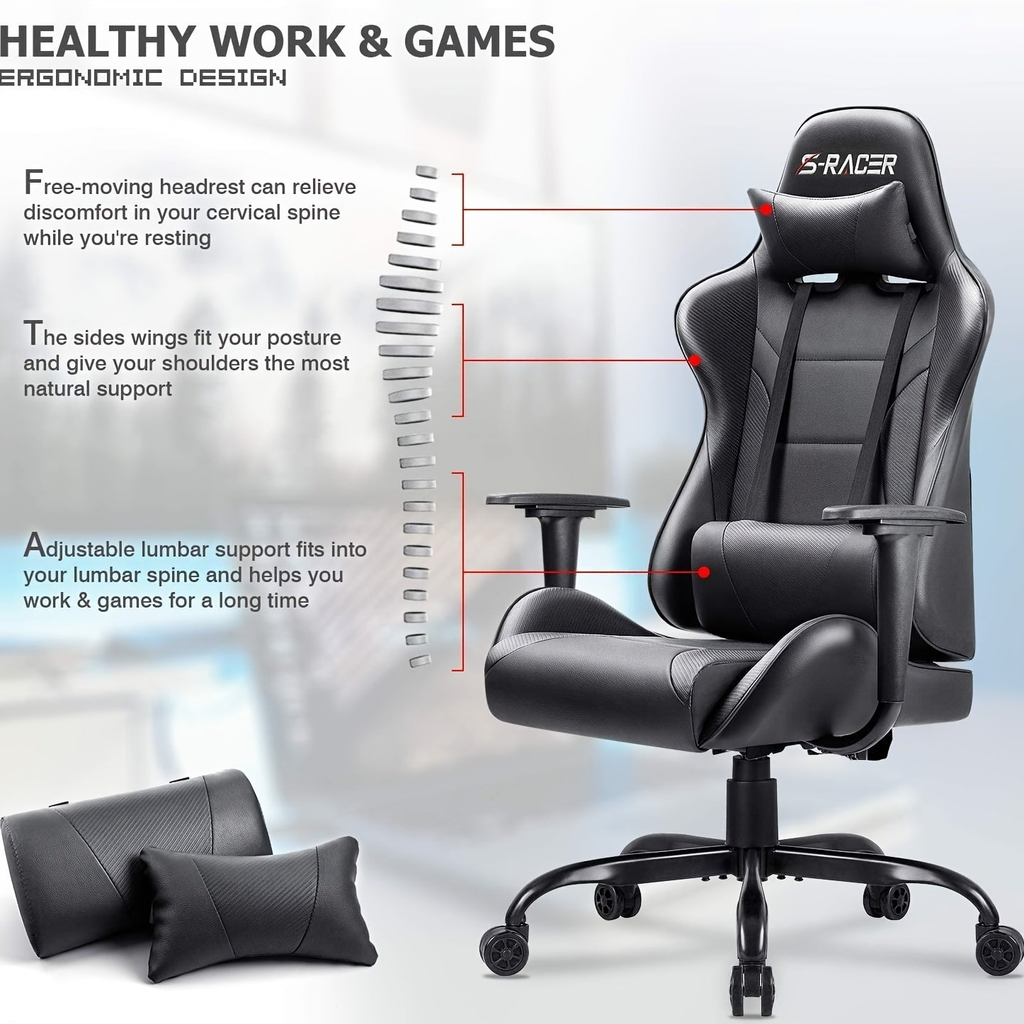 1pc Gaming Chair Office Chair High Back Racing Computer Chair PU Leather Adjustable Seat Height Swivel Chair Ergonomic Executive Chair With Headrest, Black