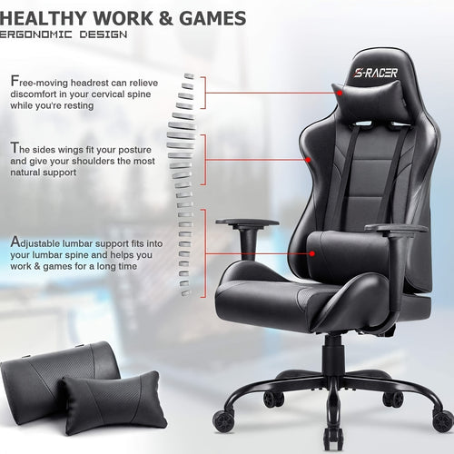 1pc Gaming Chair Office Chair High Back Racing Computer Chair PU Leather Adjustable Seat Height Swivel Chair Ergonomic Executive Chair With Headrest, Black