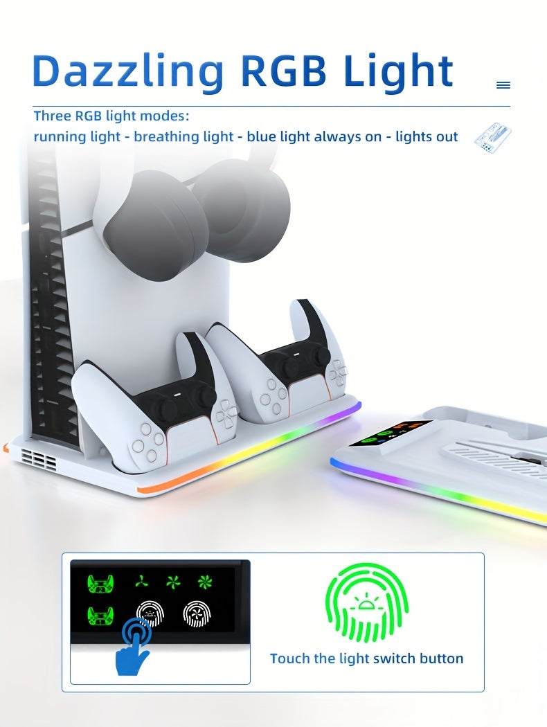 PS5/PS5 Slim Cooling Stand with RGB LED Controller Charger - 3-Level Fan System, Secure Console & Accessory Holder for PlayStation 5 Digital & Disc Editions