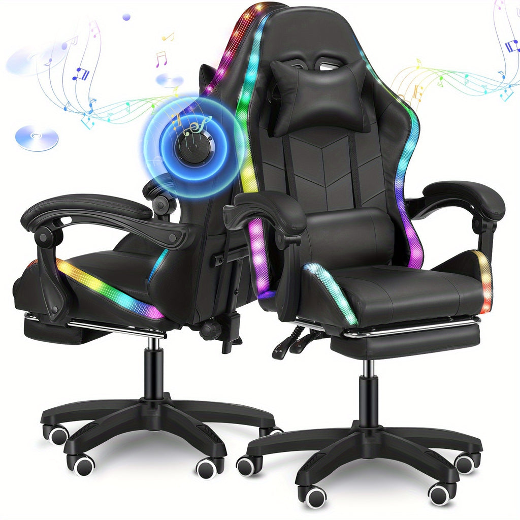 Ergonomic Gaming Chair with RGB Lights, Speakers & Lumbar Support - Adjustable Backrest, 360° Swivel Wheels, Durable Metal Frame - Black