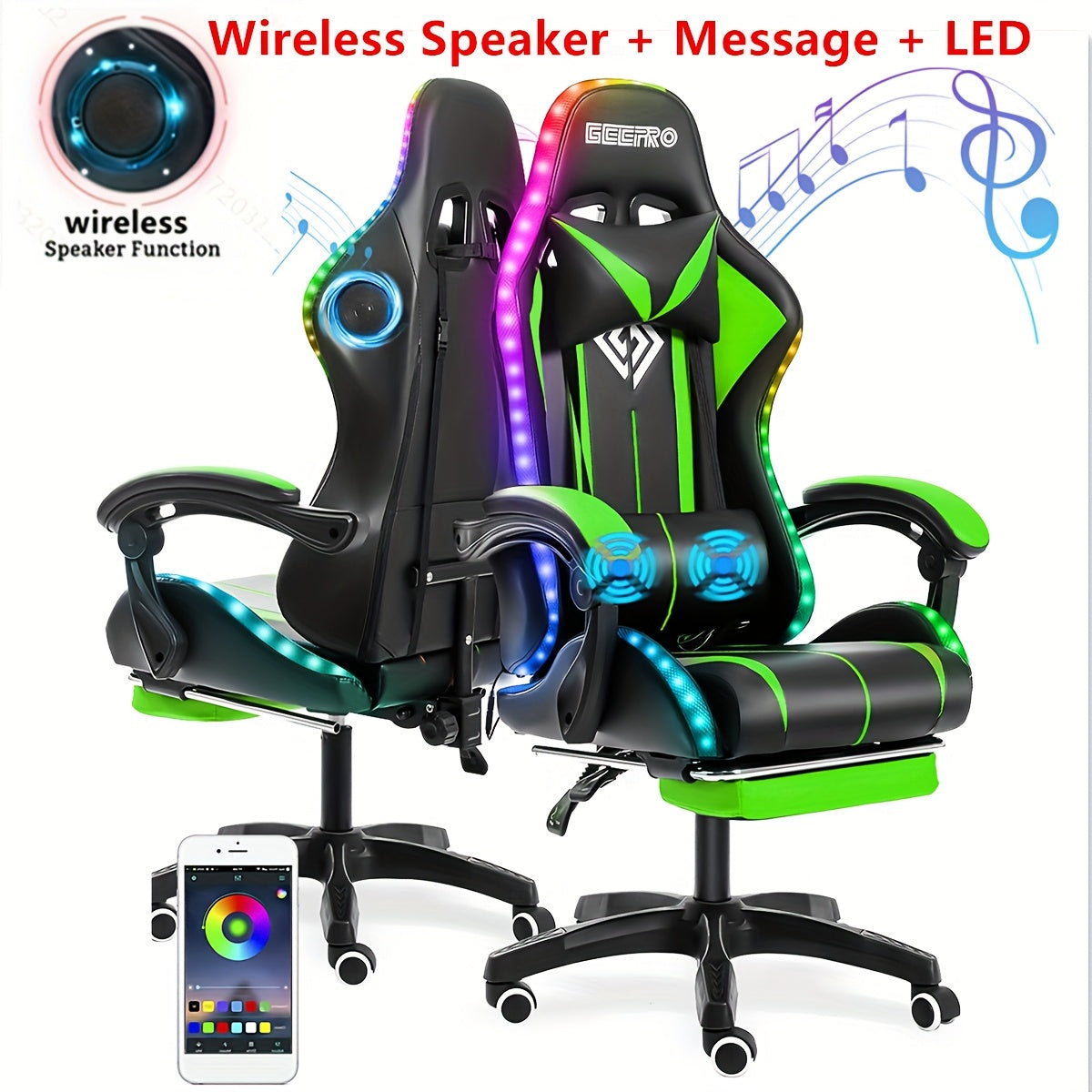 LED Gaming Chair, Big And Tall Video Game Chair With Wireless Speakers And Massage, Reclining High Back Computer Desk Chair With Footrest, For 397lbs