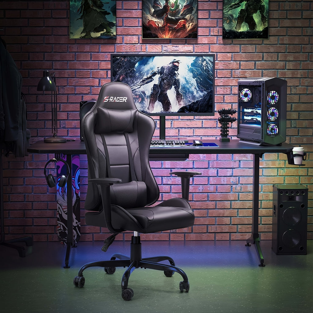1pc Gaming Chair Office Chair High Back Racing Computer Chair PU Leather Adjustable Seat Height Swivel Chair Ergonomic Executive Chair With Headrest, Black