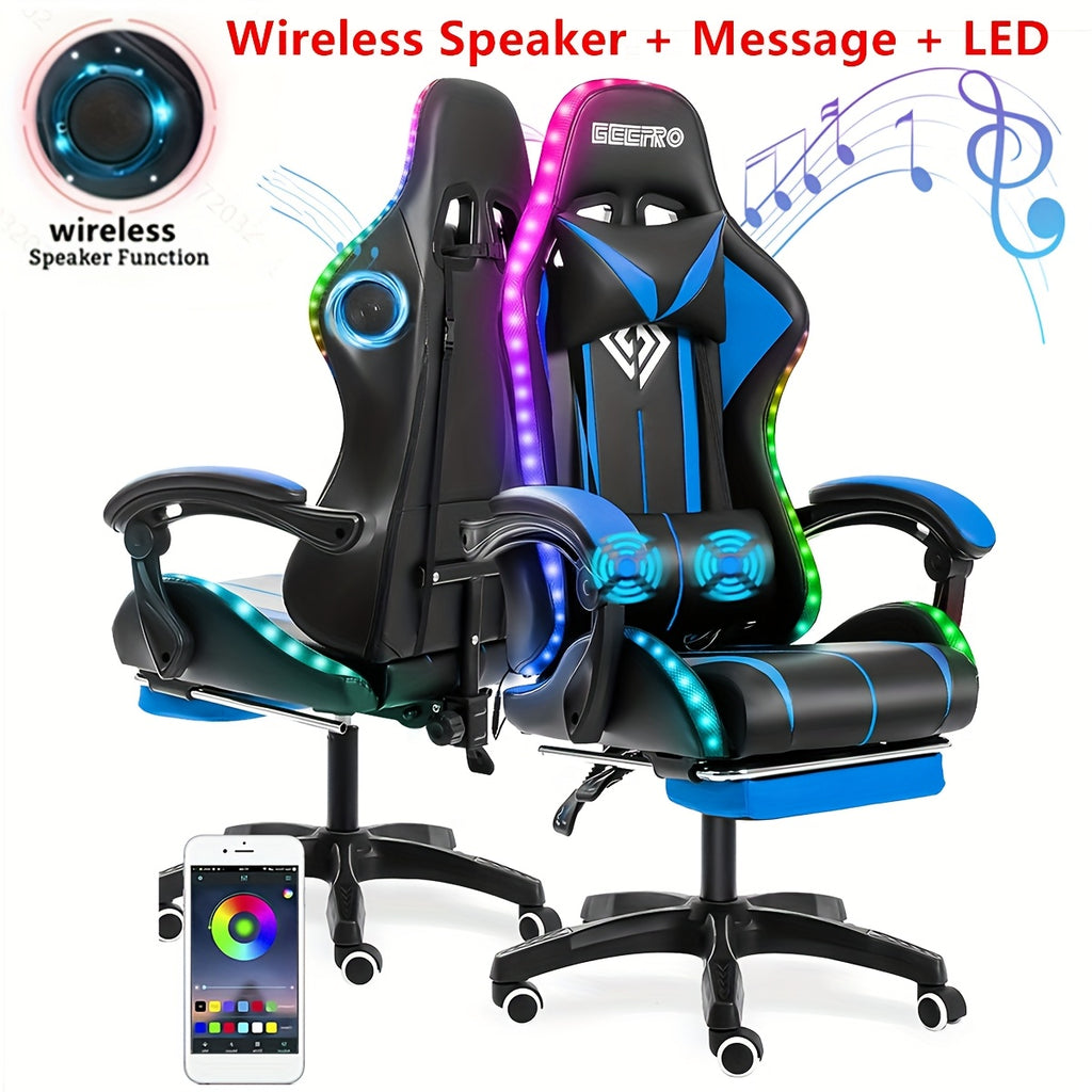 LED Gaming Chair, Big And Tall Video Game Chair With Wireless Speakers And Massage, Reclining High Back Computer Desk Chair With Footrest, For 397lbs