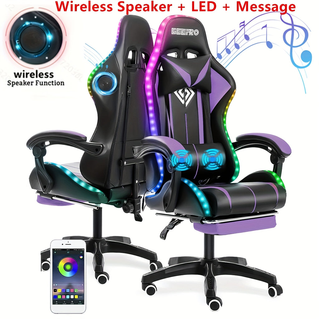 LED Gaming Chair, Big And Tall Video Game Chair With Wireless Speakers And Massage, Reclining High Back Computer Desk Chair With Footrest, For 397lbs