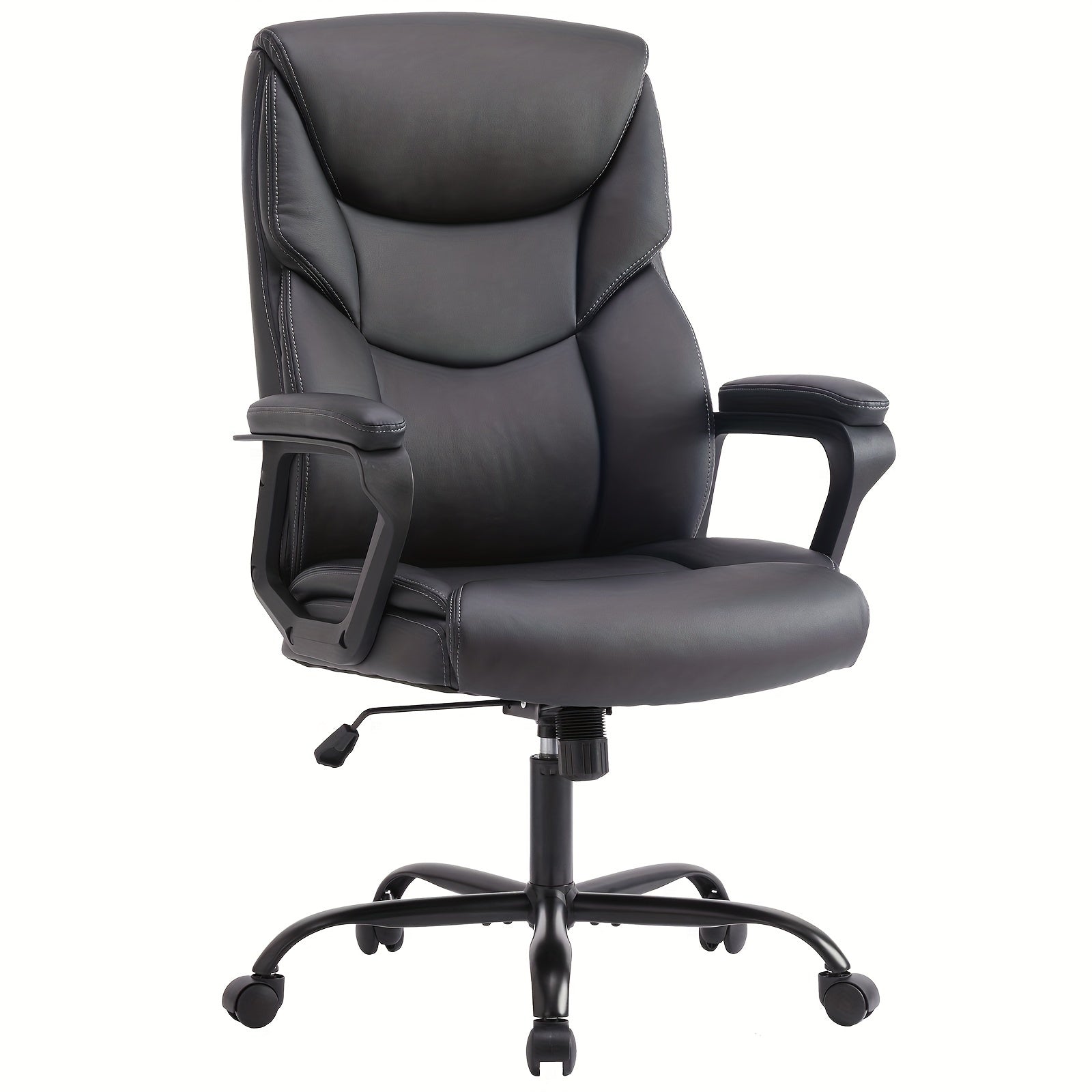Home Office Chair, Adjustable Swivel Rolling Computer Gaming Chair with Fixed Armrests, Leather Lumbar Support Desk Chair with Wheels