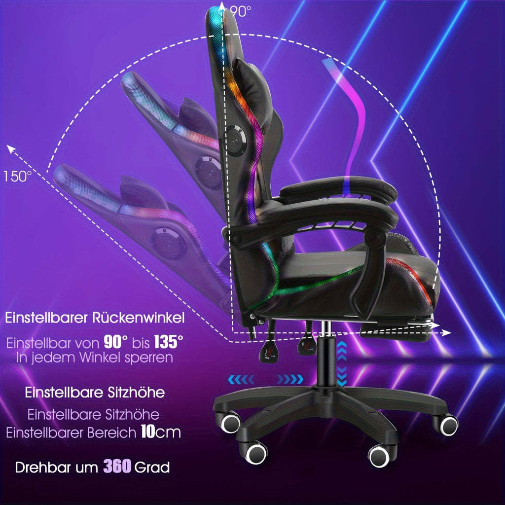 Ergonomic Gaming Chair with RGB Lights, Speakers & Lumbar Support - Adjustable Backrest, 360° Swivel Wheels, Durable Metal Frame - Black