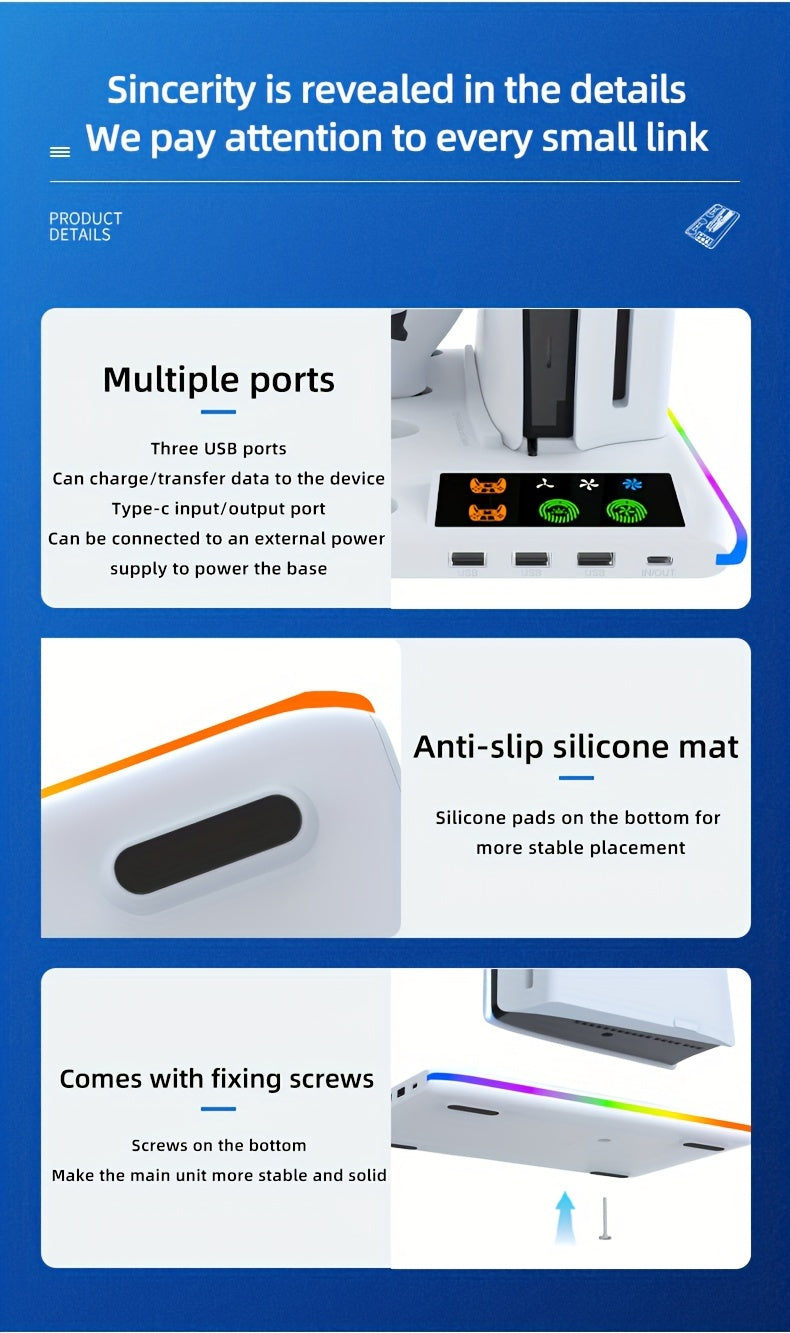 PS5/PS5 Slim Cooling Stand with RGB LED Controller Charger - 3-Level Fan System, Secure Console & Accessory Holder for PlayStation 5 Digital & Disc Editions