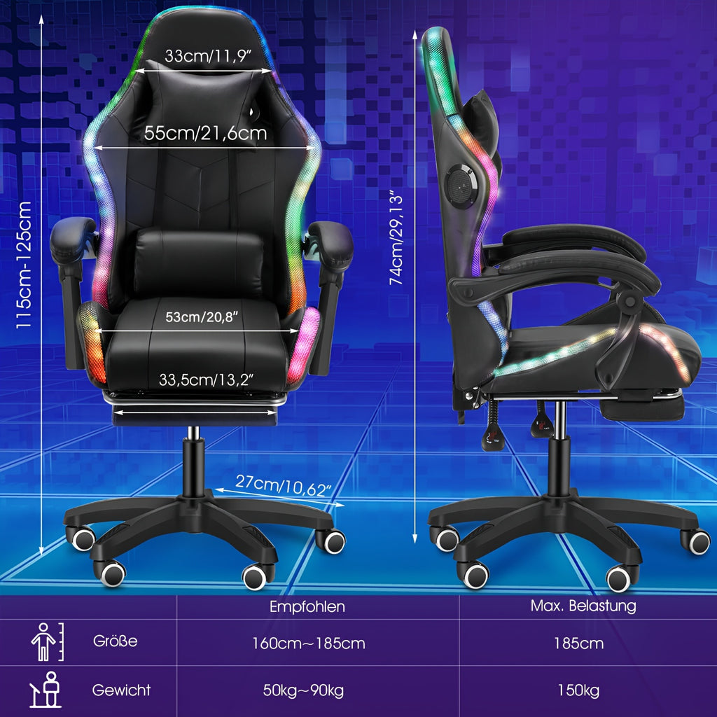 Ergonomic Gaming Chair with RGB Lights, Speakers & Lumbar Support - Adjustable Backrest, 360° Swivel Wheels, Durable Metal Frame - Black