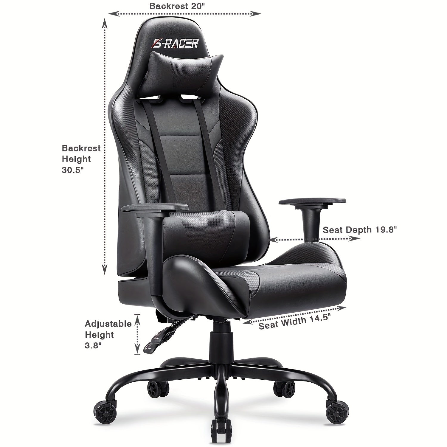 1pc Gaming Chair Office Chair High Back Racing Computer Chair PU Leather Adjustable Seat Height Swivel Chair Ergonomic Executive Chair With Headrest, Black