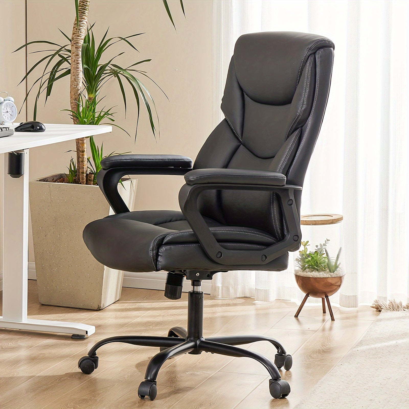 Home Office Chair, Adjustable Swivel Rolling Computer Gaming Chair with Fixed Armrests, Leather Lumbar Support Desk Chair with Wheels