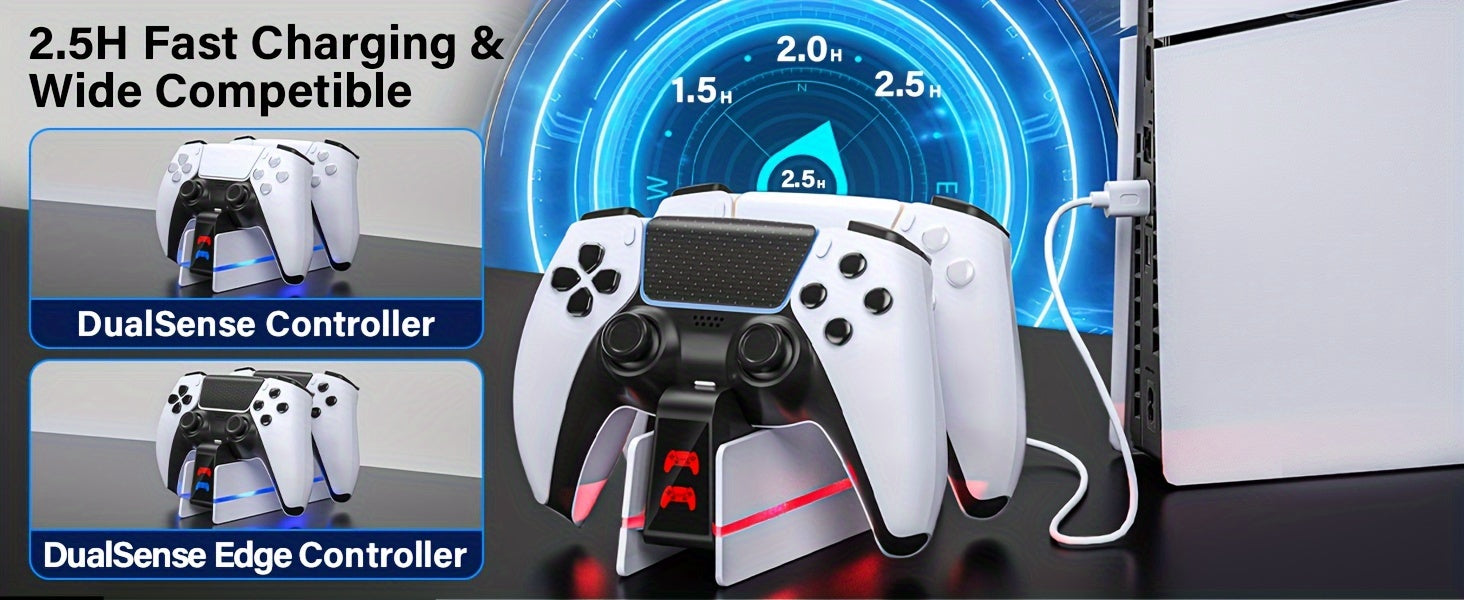 Charger Station For PS5 Dualsense Controller/DualSense Edge Controller, RGB Charging Stand For Playstation 5/ PS5 Slim/ PS5 Pro Controller, Fast Dual Charging For Wireless Controller, Christmas Gift