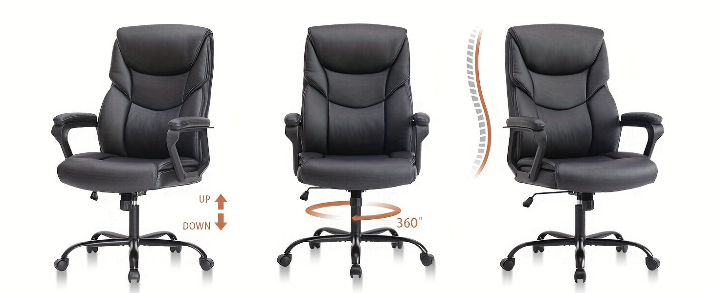 Home Office Chair, Adjustable Swivel Rolling Computer Gaming Chair with Fixed Armrests, Leather Lumbar Support Desk Chair with Wheels