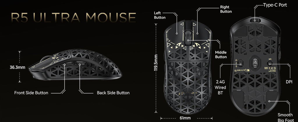 ATTACK SHARK R5 Ultra Carbon Fiber Wireless 8K Gaming Mouse 39g SUPERLIGHT, PixArt PAW3950MAX Gaming Sensor, 8000Hz Wireless Pol