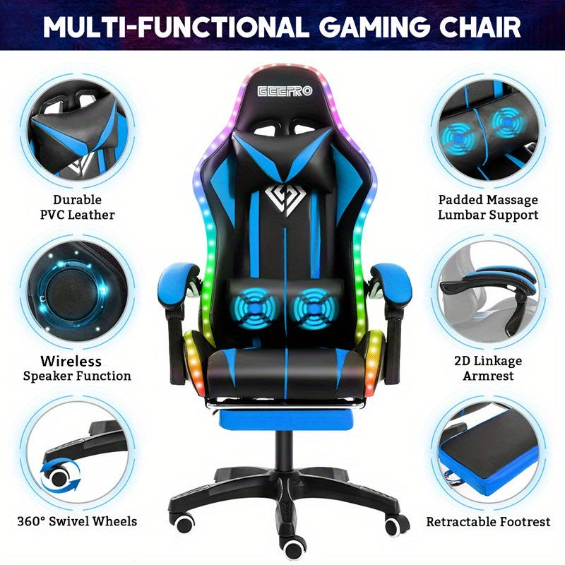 LED Gaming Chair, Big And Tall Video Game Chair With Wireless Speakers And Massage, Reclining High Back Computer Desk Chair With Footrest, For 397lbs