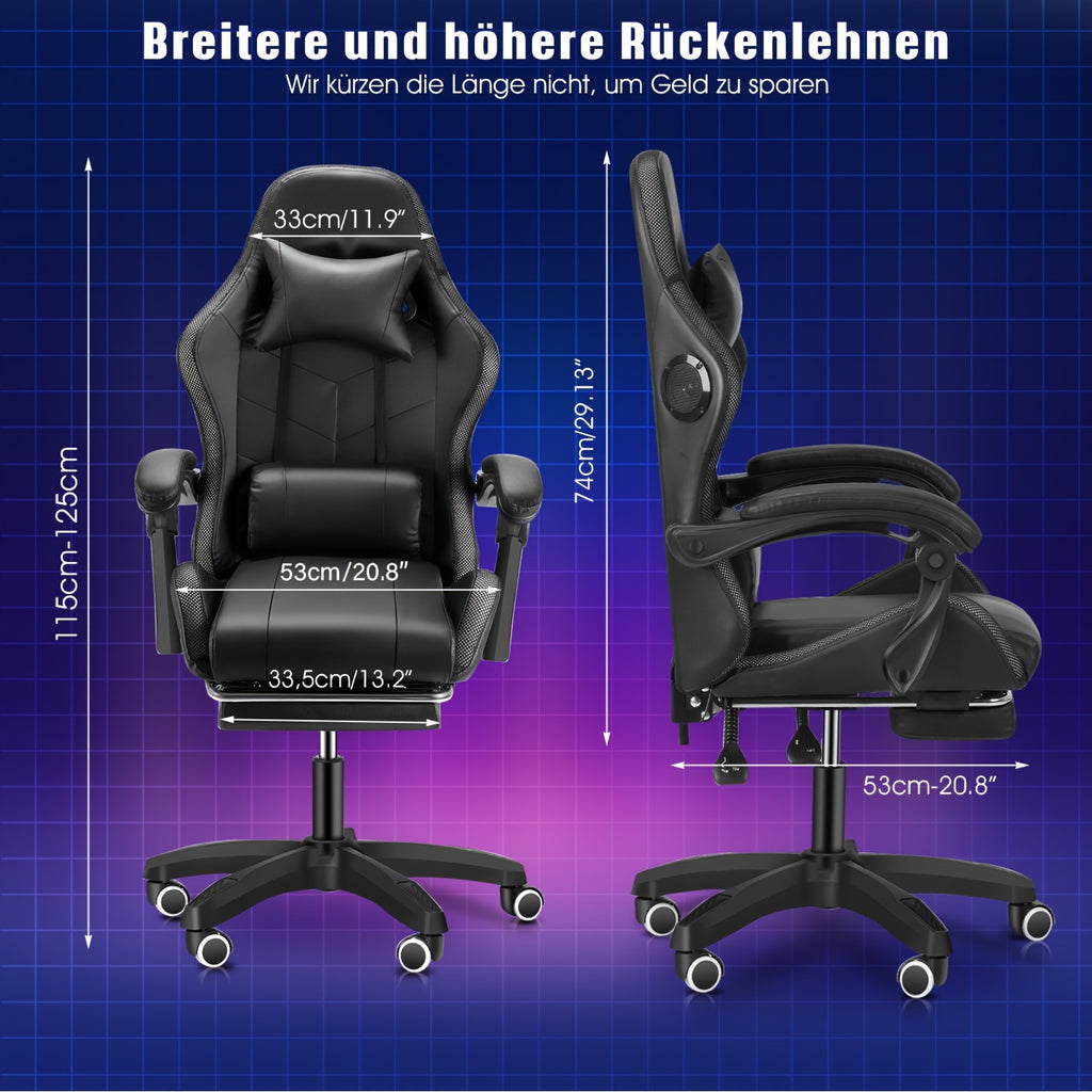 Ergonomic Gaming Chair with RGB Lights, Speakers & Lumbar Support - Adjustable Backrest, 360° Swivel Wheels, Durable Metal Frame - Black