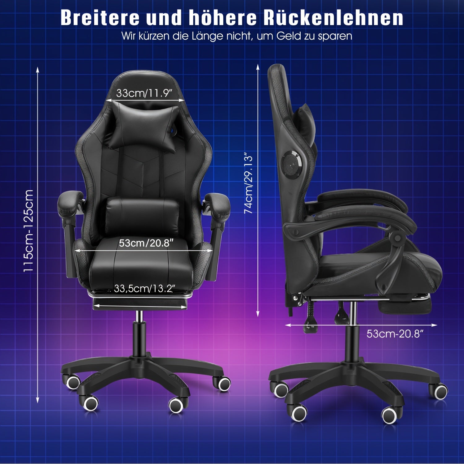 Ergonomic Gaming Chair with RGB Lights, Speakers & Lumbar Support - Adjustable Backrest, 360° Swivel Wheels, Durable Metal Frame - Black