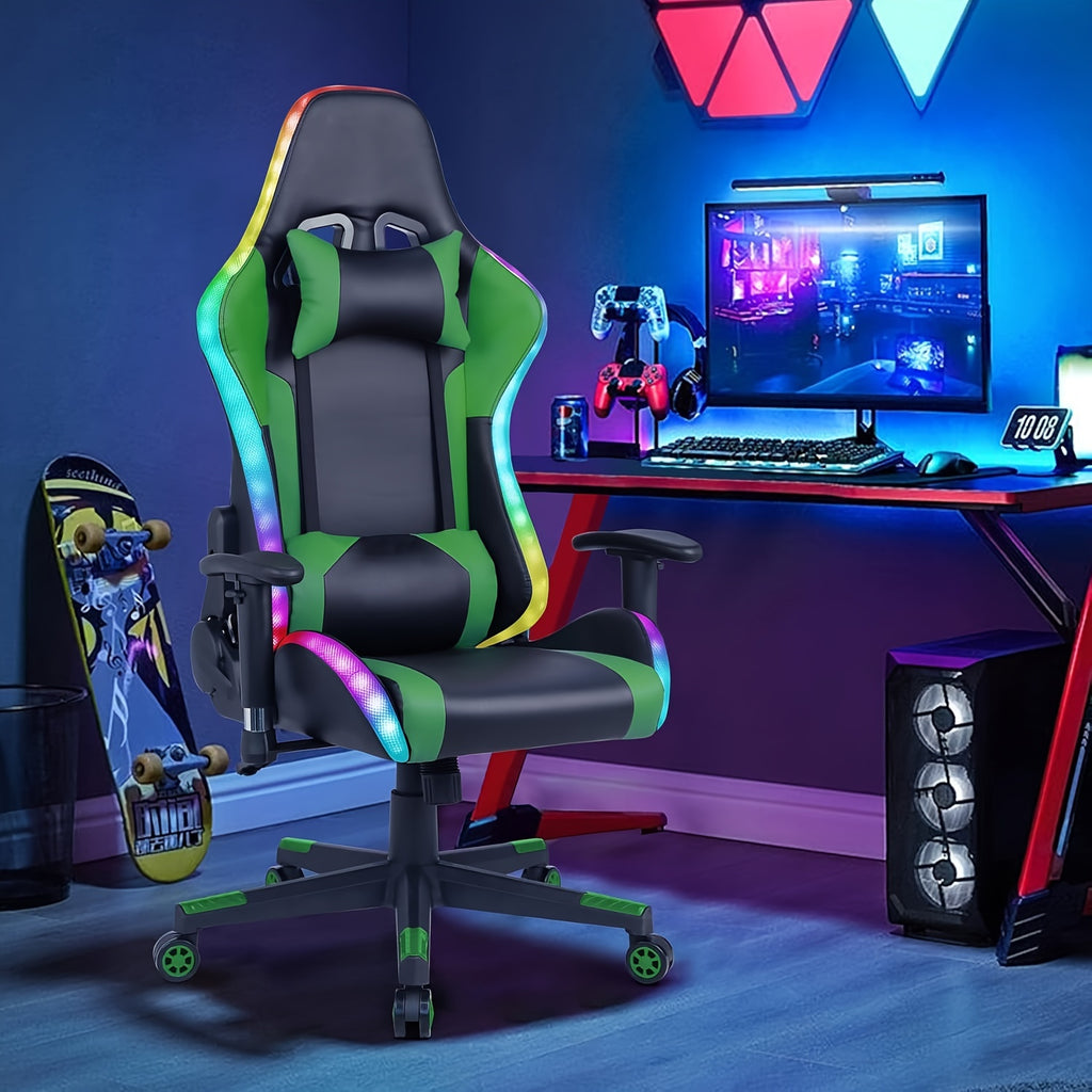 Ergonomic Gaming Chair with RGB Lights, Speakers & Lumbar Support - Adjustable Backrest, 360° Swivel Wheels, Durable Metal Frame - Black