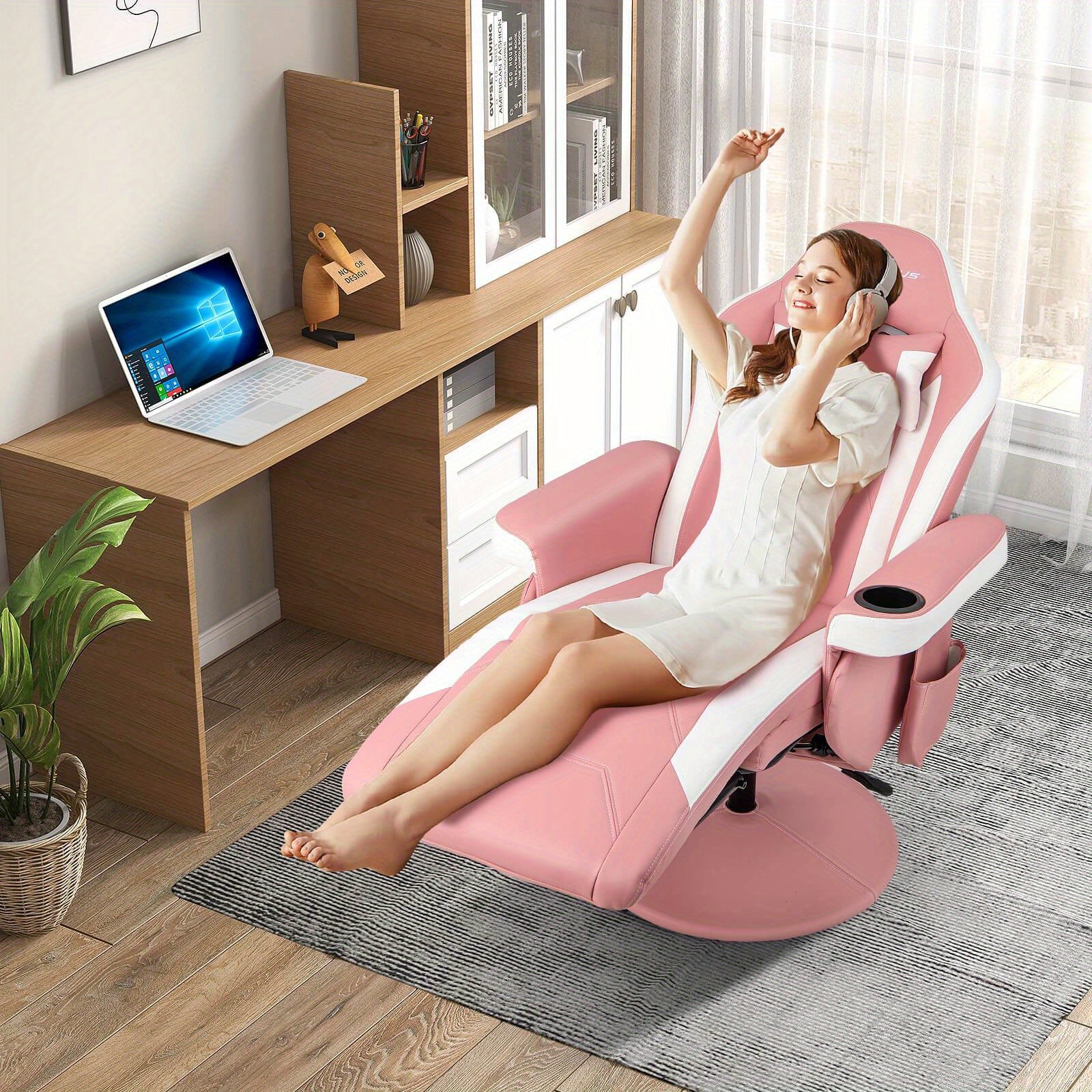 1pc SAFSTAR Ergonomic Gaming Chair with Memory Foam Padding, High-Back Massage Recliner with Adjustable Footrest, Swivel Executive Computer Chair with Headrest and Cup Holder, Metal Frame, PU Leather, Remote Control, 110V-240