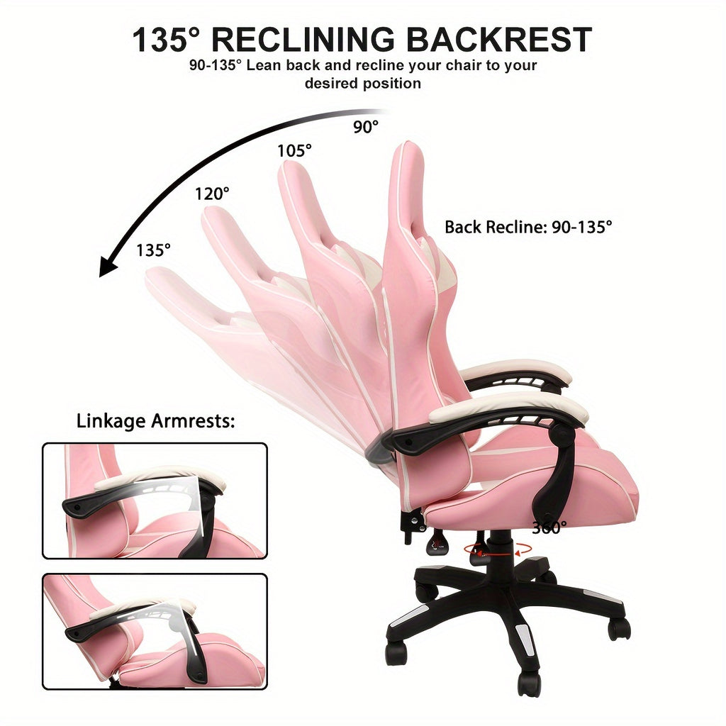 1 pc Ergonomic Racing Gaming Chair - Reclining High Back PU Leather Computer Desk Chair with Adjustable Height, Headrest, Lumbar Support, and Swivel Rolling Function - Ideal for Office and Home Use on Hard Floor, Easy to Clea