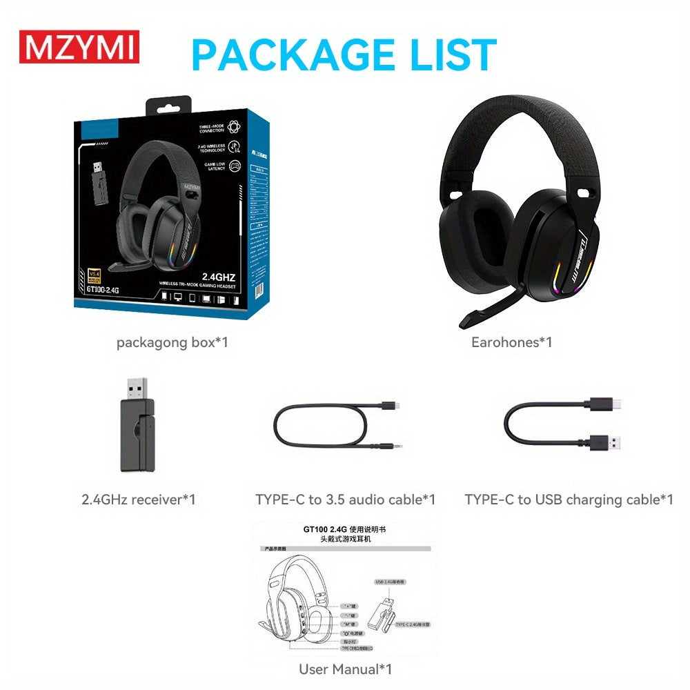 MZYMI GT100 2.4GHz/Wireless Gaming Headset for PlayStation 5 4, Gamer Headphones with Detachable Microphone for PS5, PS4, PC, Switch, Ultra-low Latency, 25 Hours Playtime, Wired Mode for Xbox Series, Console Gaming, Pc Headse