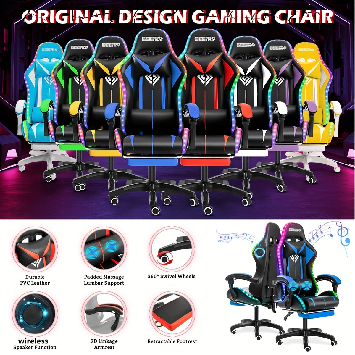 LED Gaming Chair, Big And Tall Video Game Chair With Wireless Speakers And Massage, Reclining High Back Computer Desk Chair With Footrest, For 397lbs