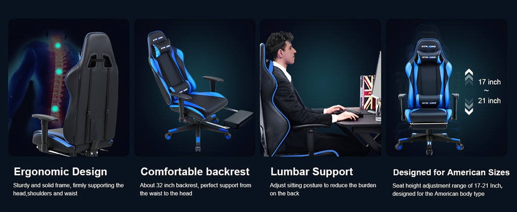 GTRACING Racing Style Gaming Chair, Ergonomic Computer Office Chair, Reclining Gaming Chair, Seat Height Adjustment, With Headrest And Lumbar Support, Maximum Weight Capacity 350-400 Lbs