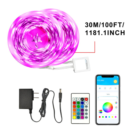100ft 24V-12D-30M Meter 2835RGB Red Green Blue Colour  App Control Smart LED Strip Light for Home Bedroom