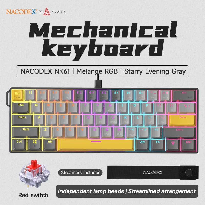 Ajazz NK61 Mechanical Wired Gaming Keyboard RGB Lighting Supports Hot-Swappable 61-Key Mechanical Wired Gaming Keyboard