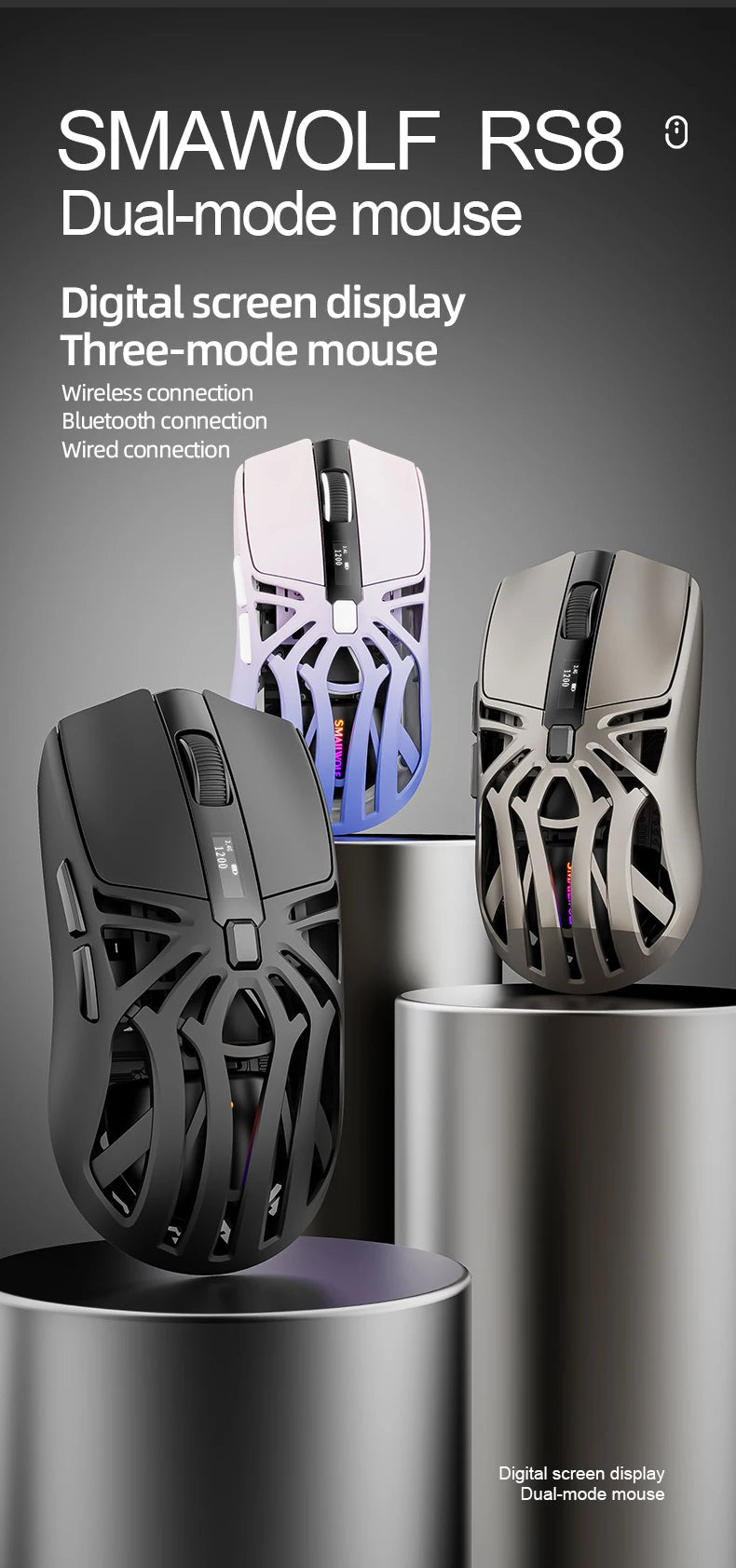 SMAILWOLF RS8 Gaming Mouse Bluetooth Wireless Three-mode Lightweight Hollow Design 1K Return Computer Long Battery Life