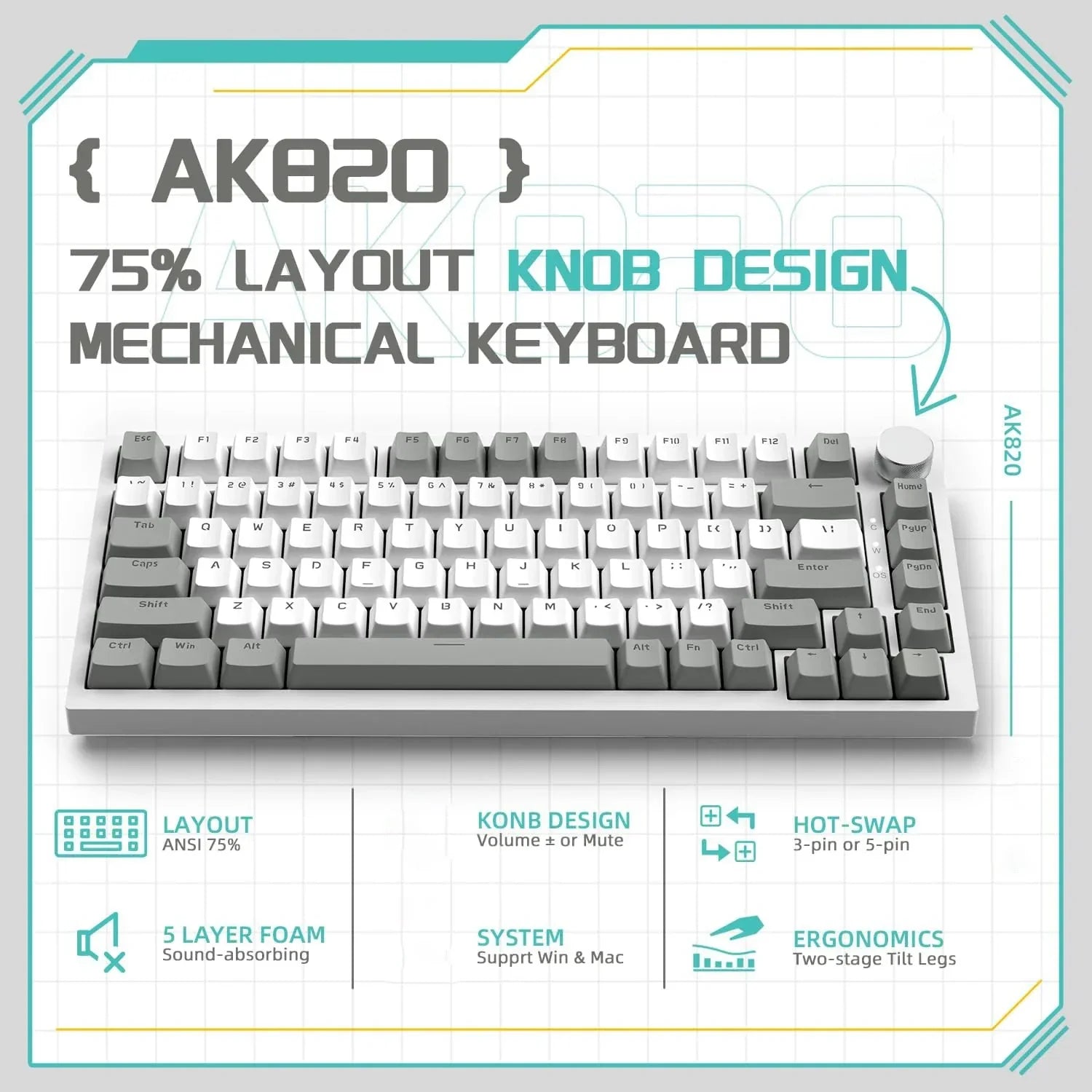 AJAZZ AK820 Wired with rotary volume buttons Hot-swappable keys for office and home mechanical keyboards