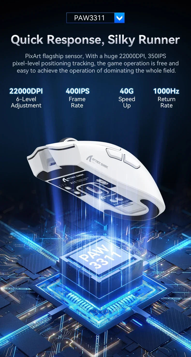 Wireless Attack Shark X11 Tri-Mode Bluetooth/2.4G/wired, game mouse with PAW3311 RGB magnetic charging station